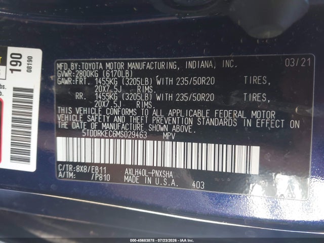 5TDDRKEC6MS029463 Toyota Sienna Xse
