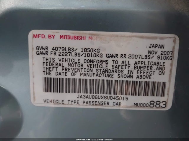 Aukcja sprzedaży 2008 Mitsubishi Lancer Gts, vin: JA3AU86UX8U045015, numer aukcji: 45683894