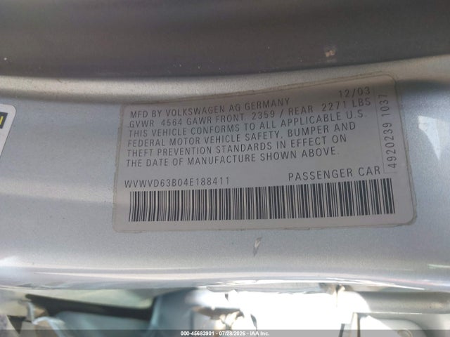 Aukcja sprzedaży 2004 Volkswagen Passat Gls, vin: WVWVD63B04E188411, numer aukcji: 45683901