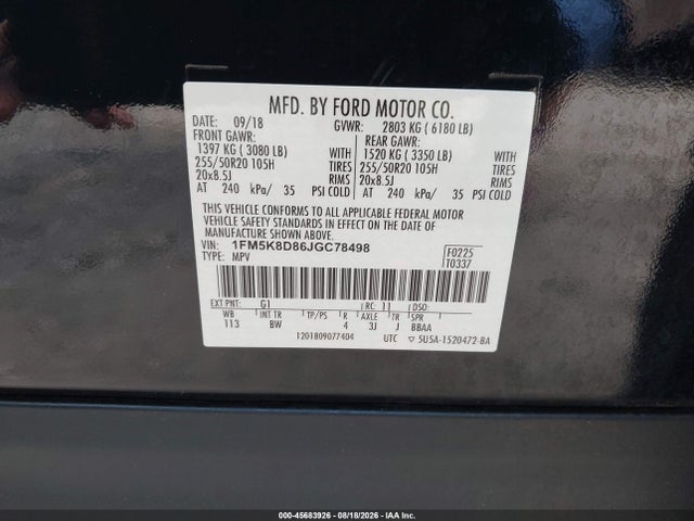 45683926 :رقم المزاد ، 1FM5K8D86JGC78498 vin ، 2018 Ford Explorer Xlt مزاد بيع