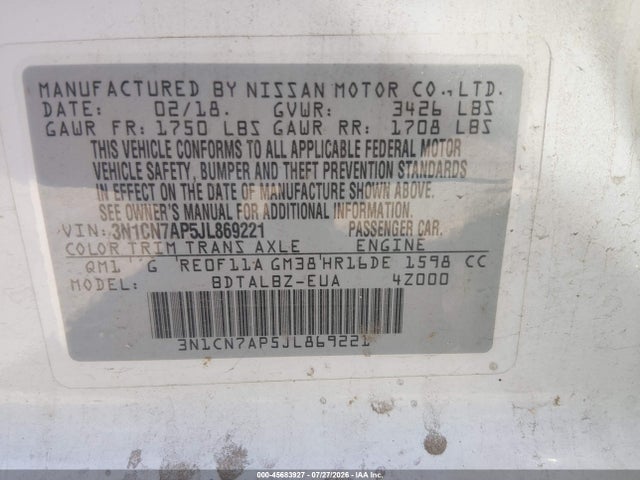 3N1CN7AP5JL869221 Nissan Versa 1.6 Sv