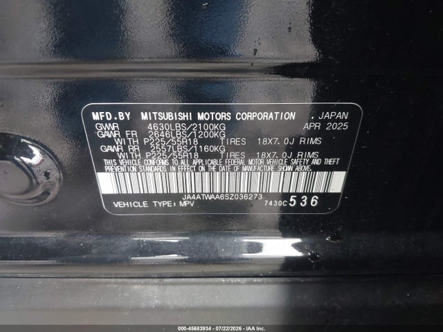 Продажа на аукционе авто 2025 Mitsubishi Eclipse Cross Black Edition S-awc/se S-awc/sel S-awc, vin: JA4ATWAA6SZ036273, номер лота: 45683934
