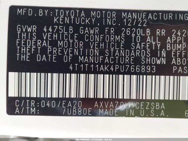 45683945 :رقم المزاد ، 4T1T11AK4PU766893 vin ، 2023 Toyota Camry Se مزاد بيع