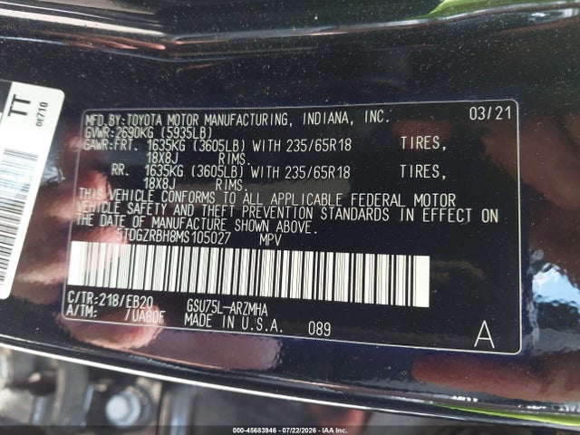 45683946 :رقم المزاد ، 5TDGZRBH8MS105027 vin ، 2021 Toyota Highlander Xle مزاد بيع
