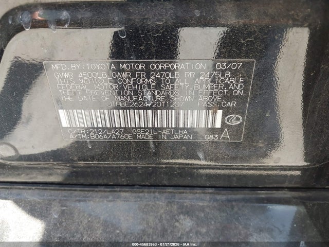 Продаж на аукціоні авто 2007 Lexus Is 350, vin: JTHBE262472011207, номер лоту: 45683963
