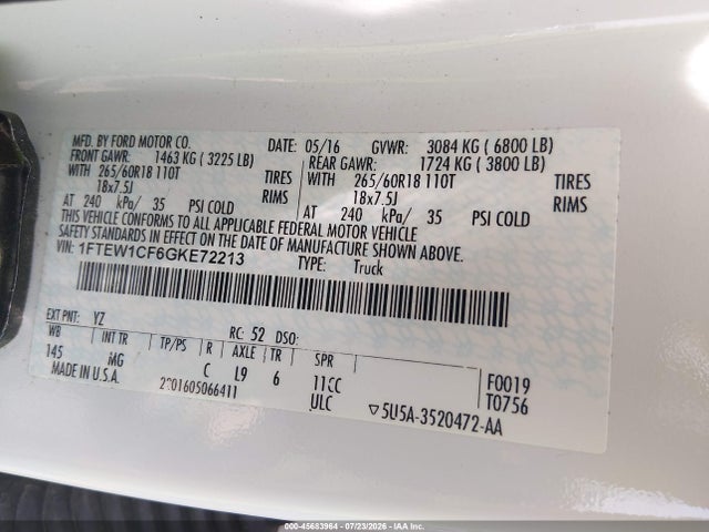 Продаж на аукціоні авто 2016 Ford F-150 Xlt, vin: 1FTEW1CF6GKE72213, номер лоту: 45683964
