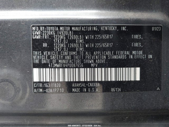 4T3MWRFV4PU087656 Toyota Rav4 Hybrid Le