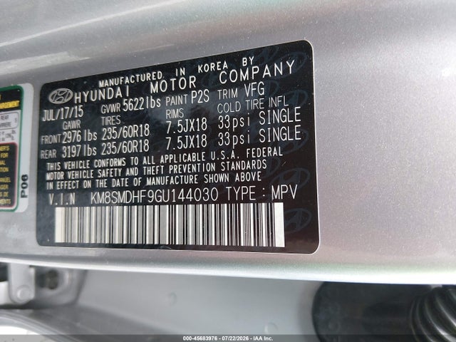 2016 Hyundai Santa Fe Se მანქანა იყიდება აუქციონზე, vin: KM8SMDHF9GU144030, აუქციონის ნომერი: 45683976