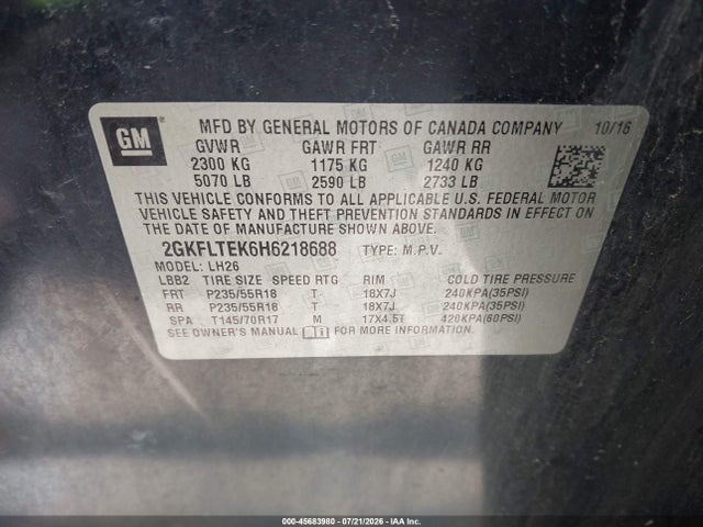 2017 Gmc Terrain Sle-2 მანქანა იყიდება აუქციონზე, vin: 2GKFLTEK6H6218688, აუქციონის ნომერი: 45683980