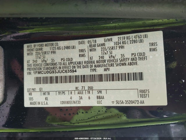 2018 Ford Escape Se მანქანა იყიდება აუქციონზე, vin: 1FMCU0G93JUC63594, აუქციონის ნომერი: 45683985