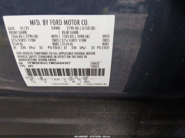 45683987 :رقم المزاد ، 1FM5K8GC1MGA84367 vin ، 2021 Ford Explorer St مزاد بيع
