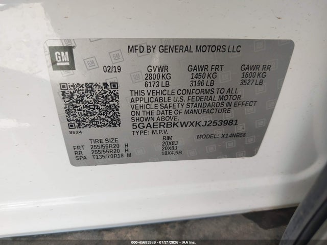 2019 Buick Enclave Fwd Essence მანქანა იყიდება აუქციონზე, vin: 5GAERBKWXKJ253981, აუქციონის ნომერი: 45683989