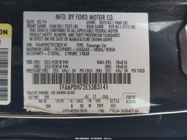 2014 Ford Fusion Se მანქანა იყიდება აუქციონზე, vin: 1FA6P0H72E5383141, აუქციონის ნომერი: 45684002