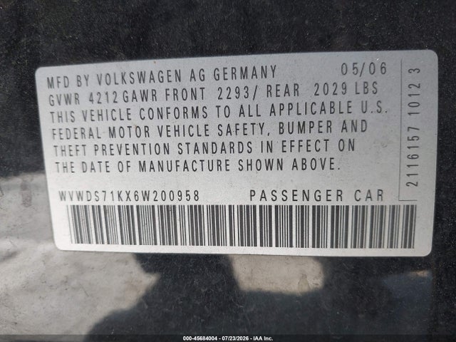 Продажа на аукционе авто 2006 Volkswagen Rabbit 4-door, vin: WVWDS71KX6W200958, номер лота: 45684004