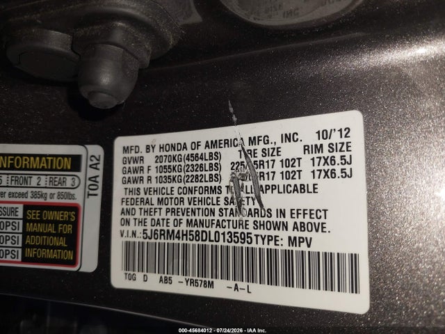 45684012 :رقم المزاد ، 5J6RM4H58DL013595 vin ، 2013 Honda Cr-v Ex مزاد بيع