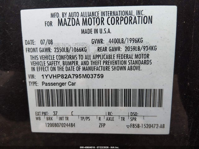 Aukcja sprzedaży 2009 Mazda Mazda6 I Grand Touring, vin: 1YVHP82A795M03759, numer aukcji: 45684016