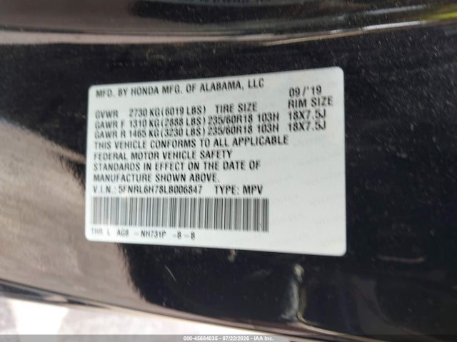 Продаж на аукціоні авто 2020 Honda Odyssey Ex-l/ex-l W/navi   Res, vin: 5FNRL6H78LB006847, номер лоту: 45684035