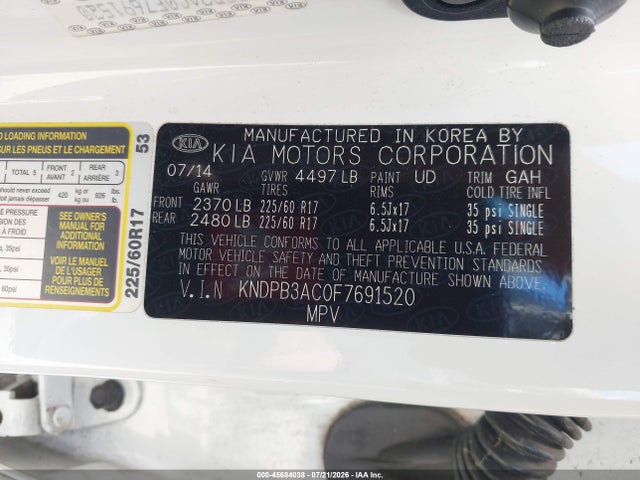 Продажа на аукционе авто 2015 Kia Sportage Lx, vin: KNDPB3AC0F7691520, номер лота: 45684038