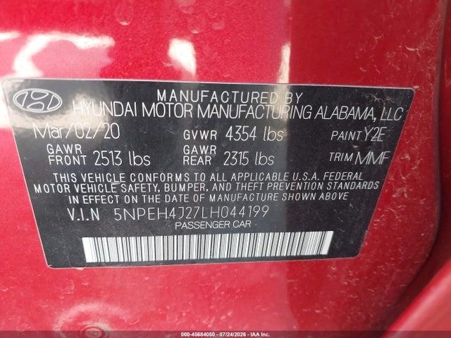 Aukcja sprzedaży 2020 Hyundai Sonata Limited, vin: 5NPEH4J27LH044199, numer aukcji: 45684050