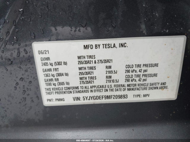 Продажа на аукционе авто 2021 Tesla Model Y Performance Dual Motor All-wheel Drive, vin: 5YJYGDEF9MF209893, номер лота: 45684057