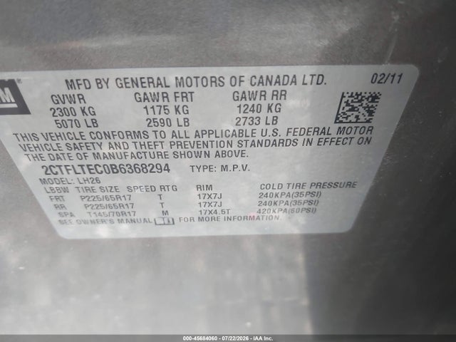 45684060 :رقم المزاد ، 2CTFLTEC0B6368294 vin ، 2011 Gmc Terrain Sle-2 مزاد بيع