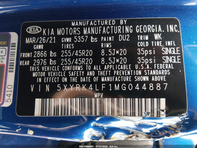 2021 Kia Sorento Sx მანქანა იყიდება აუქციონზე, vin: 5XYRK4LF1MG044887, აუქციონის ნომერი: 45684061