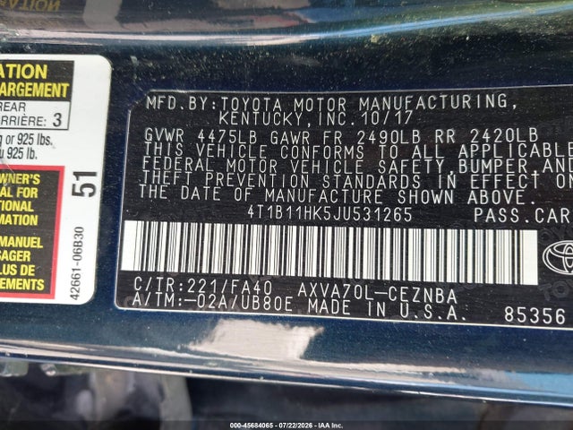 45684065 :رقم المزاد ، 4T1B11HK5JU531265 vin ، 2018 Toyota Camry Le مزاد بيع