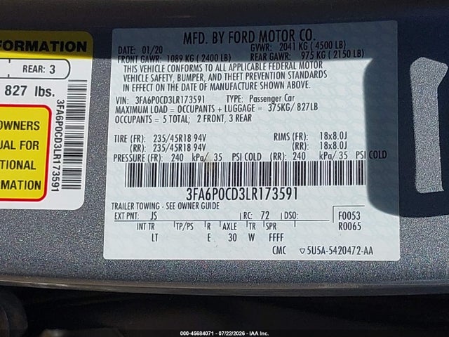 3FA6P0CD3LR173591 Ford FUSION SEL