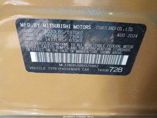 Продажа на аукционе авто 2024 Mitsubishi Mirage Es/le, vin: ML32AUHJXRH025662, номер лота: 45684074