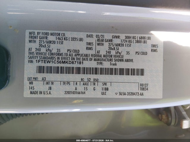 45684077 :رقم المزاد ، 1FTEW1C56MKD87181 vin ، 2021 Ford F-150 Xl مزاد بيع