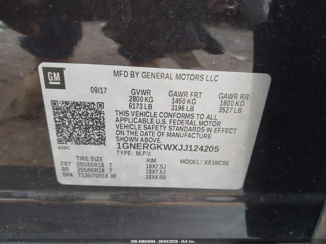 45684094 :رقم المزاد ، 1GNERGKWXJJ124205 vin ، 2018 Chevrolet Traverse 1lt مزاد بيع