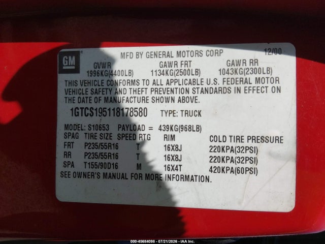 Продаж на аукціоні авто 2001 Gmc Sonoma Sls, vin: 1GTCS195118178580, номер лоту: 45684098