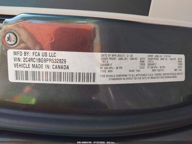 45684109 :رقم المزاد ، 2C4RC1BG9PR532829 vin ، 2023 Chrysler Pacifica Touring L مزاد بيع