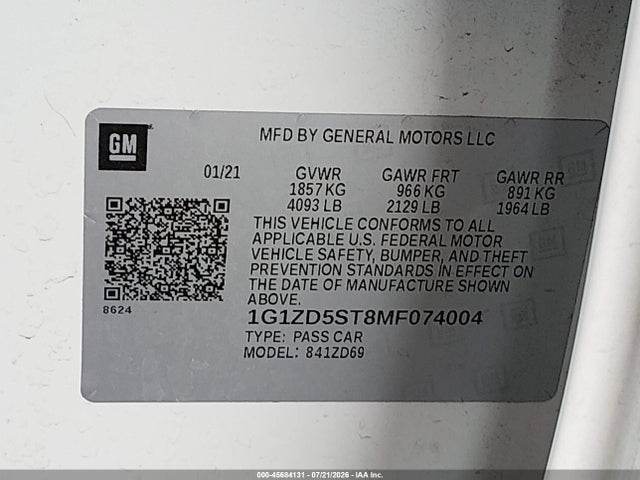 Продажа на аукционе авто 2021 Chevrolet Malibu Fwd Lt, vin: 1G1ZD5ST8MF074004, номер лота: 45684131