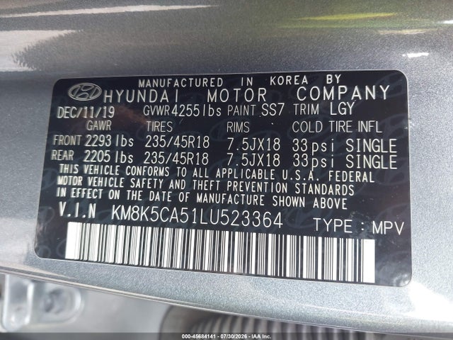 Aukcja sprzedaży 2020 Hyundai Kona Ultimate, vin: KM8K5CA51LU523364, numer aukcji: 45684141