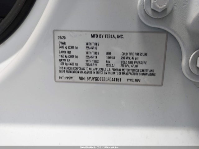 Продажа на аукционе авто 2020 Tesla Model Y Long Range Dual Motor All-wheel Drive, vin: 5YJYGDEE8LF044151, номер лота: 45684145