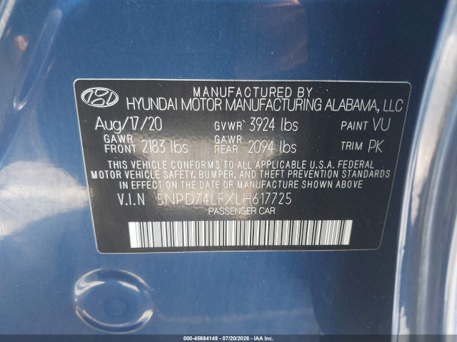 5NPD74LFXLH617725 Hyundai ELANTRA SE