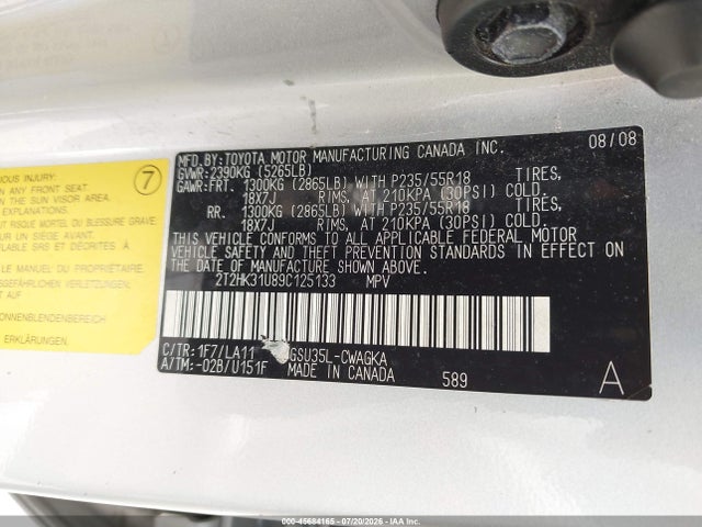 45684165 :رقم المزاد ، 2T2HK31U89C125133 vin ، 2009 Lexus Rx 350 مزاد بيع