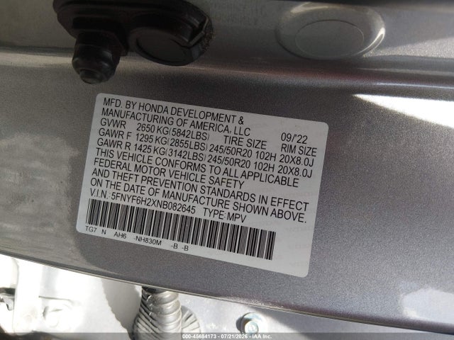 45684173 :رقم المزاد ، 5FNYF6H2XNB082645 vin ، 2022 Honda Pilot Awd Special Edition مزاد بيع