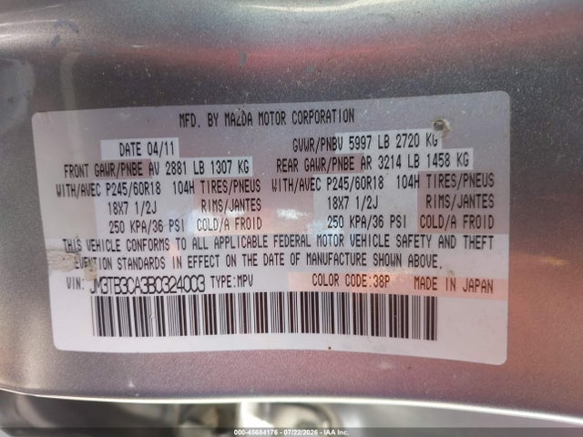 Aukcja sprzedaży 2011 Mazda Cx-9 Touring, vin: JM3TB3CA3B0324003, numer aukcji: 45684176