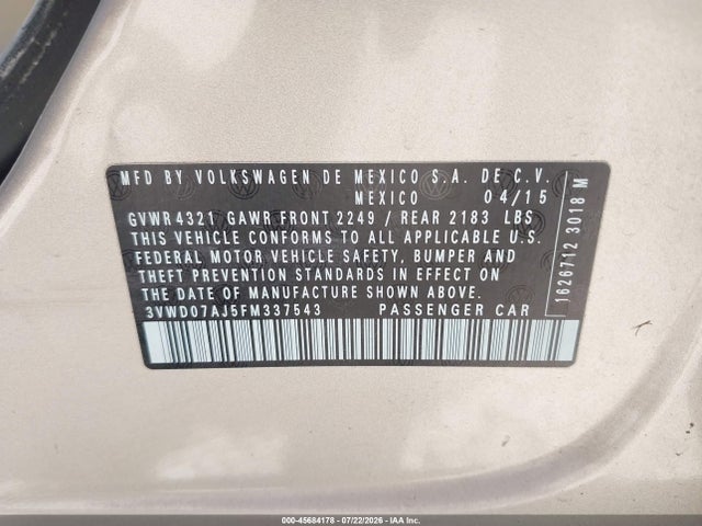 2015 Volkswagen Jetta 1.8t Se მანქანა იყიდება აუქციონზე, vin: 3VWD07AJ5FM337543, აუქციონის ნომერი: 45684178