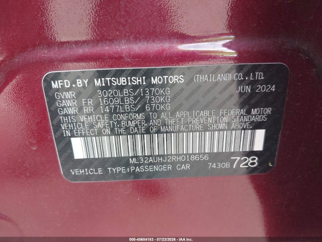 Продаж на аукціоні авто 2024 Mitsubishi Mirage Es/le, vin: ML32AUHJ2RH018656, номер лоту: 45684183