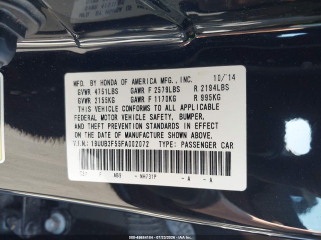 45684184 :رقم المزاد ، 19UUB3F55FA002072 vin ، 2015 Acura Tlx V6 Tech مزاد بيع