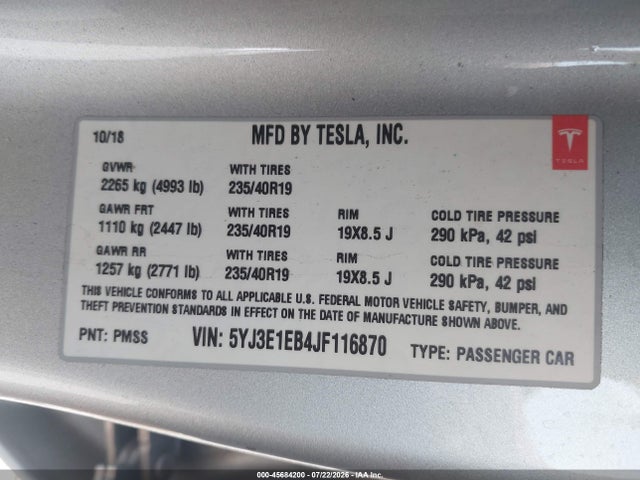 Aukcja sprzedaży 2018 Tesla Model 3 Long Range/performance, vin: 5YJ3E1EB4JF116870, numer aukcji: 45684200