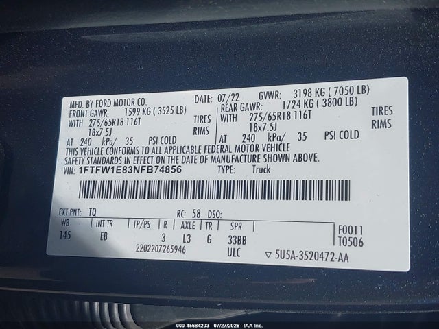 Продаж на аукціоні авто 2022 Ford F-150 Lariat, vin: 1FTFW1E83NFB74856, номер лоту: 45684203