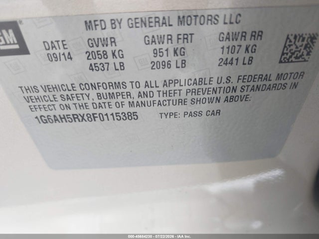 Продаж на аукціоні авто 2015 Cadillac Ats Luxury, vin: 1G6AH5RX8F0115385, номер лоту: 45684230