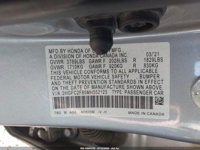 Aukcja sprzedaży 2021 Honda Civic Sport, vin: 2HGFC2F85MH552123, numer aukcji: 45684238