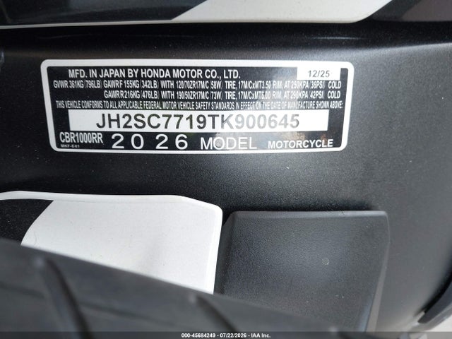 Aukcja sprzedaży 2026 Honda Cbr1000 Rr, vin: JH2SC7719TK900645, numer aukcji: 45684249