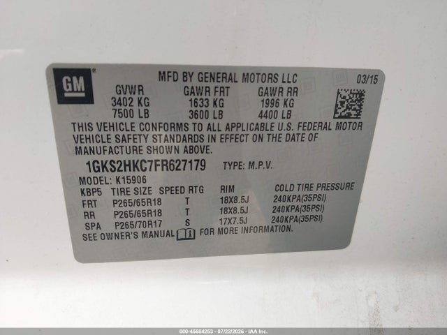 2015 Gmc Yukon Xl 1500 Slt მანქანა იყიდება აუქციონზე, vin: 1GKS2HKC7FR627179, აუქციონის ნომერი: 45684253