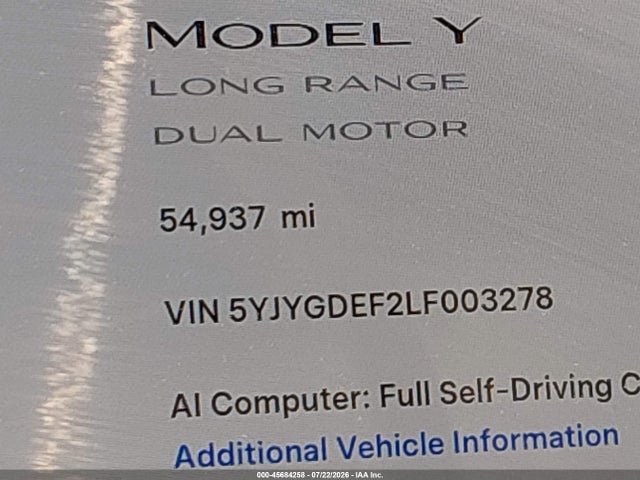 5YJYGDEF2LF003278 Tesla Model Y Long Range Dual Motor All-wheel Drive/performance Dual Motor All-wheel Drive
